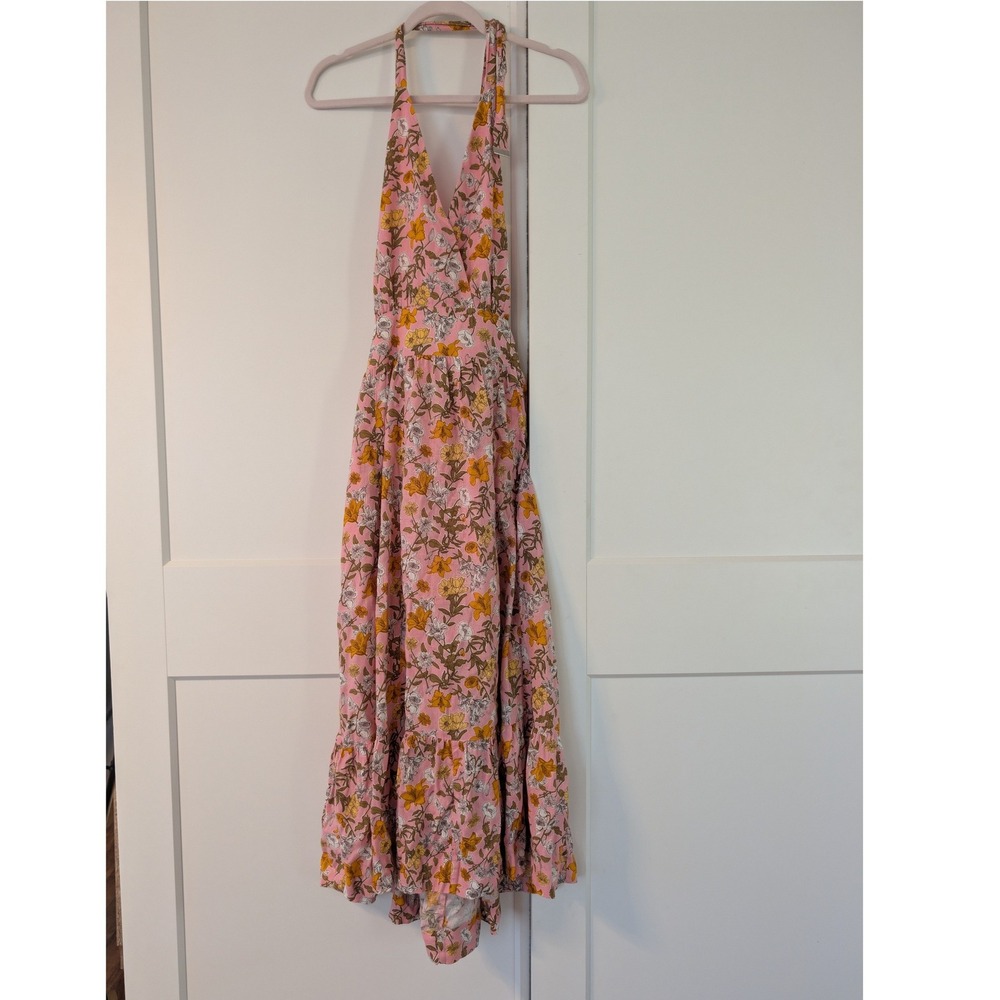 GB Made & Crafted Pink Floral Halter Maxi Dress‎ Smocked Back Tiered Sun Dress